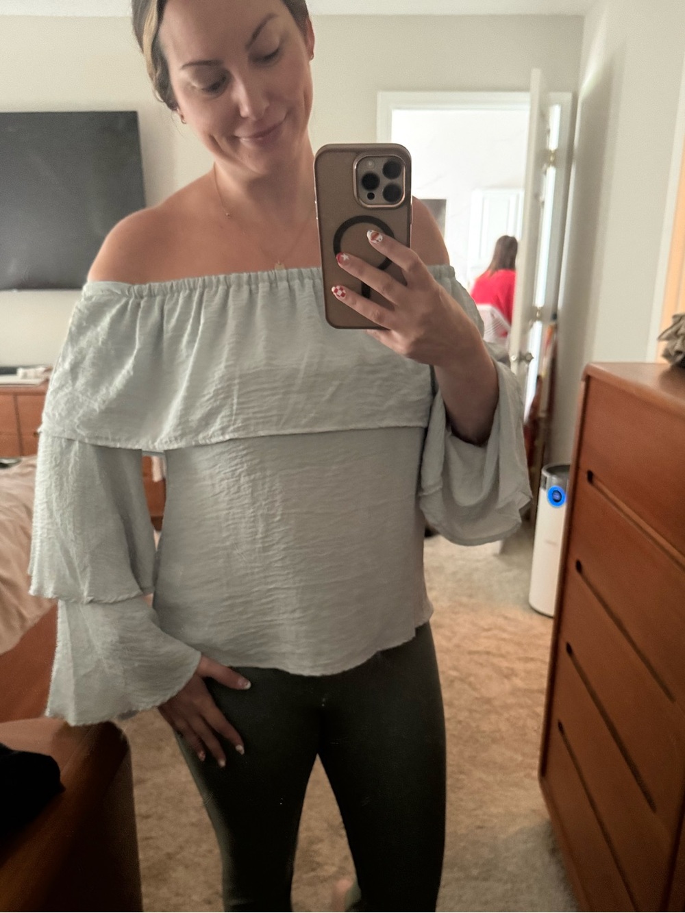 Off-Shoulder Ruffle Sleeve Top - Sage